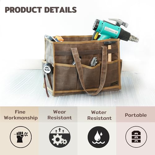 Canvas Large Tool Bag - A Large Main Pocket and 14 Insert Pockets Garden Tool Tote Bag - Durable 16oz Waxed Canvas Tool Case with Handle - Tool not Included - view 4