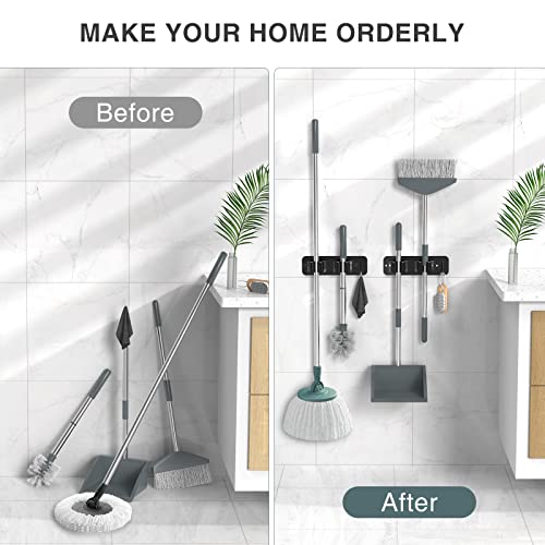 Wall Mount Mop and Broom Holder, Heavy Duty Stainless Steel Organizer Rack with Hooks | 2-Pack, 2-in-1 No Drill & Screw Installation, Black - view 3