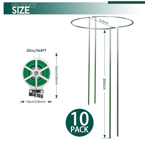10 Pack 30 Inch Plant Support Stakes, Heavy-Duty Half Round Peony Support Ring Cage, Metal Garden Plant Stakes for Outdoor Plants - Peony, Tomato, Hydrangea with Cuttable Plant Ties - view 2