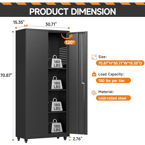 71''H Garage Storage Cabinet with Wheels, Meatl Storage Cabinet with Lock - view 3
