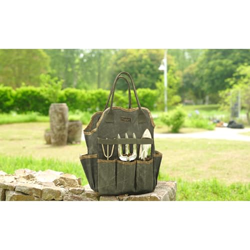 Tool Bag, Heavy Duty 16oz Waxed Canvas Garden Tool Tote - with 3 Inner Slots & 8 Outer Pockets, Multi-Purpose Gardening Tool Storage Bag for Gardener Florist Workshop - Army Green - view 6