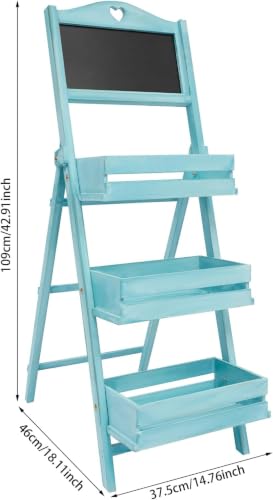 3-tier Plant Stand, Foldable Wooden Plant Rack With Chalkboard, China Fir Plant Display Shelf With Guardrails, 22.05 Lb Capacity, No Assembly Plant Holder For Home, Patio And Garden, Blue Blue - view 5