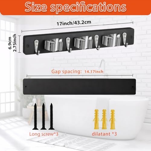 Mop and Broom Holder Wall Mount - Rustic Wood Broom Hanger Wall Mount | Laundry Room Decor - Broom Organizer Wall Mount for Farmhouse Garden Kitchen Garage Tool Organizer(Black-3slots/4hooks) - view 5