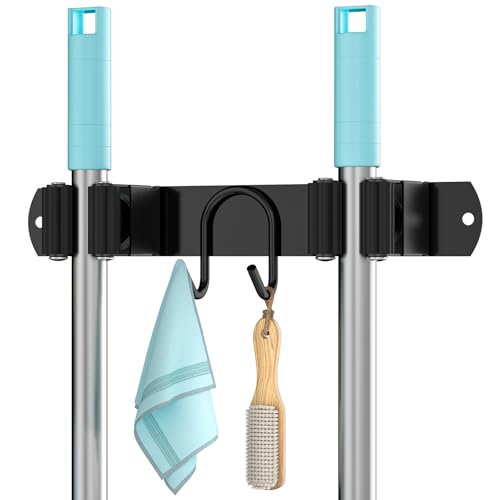 Broom Holder Wall Mount, Stainless Steel Mop and Broom Organizer, Broom Hanger with 2 Slots 2 Hooks for Home Kitchen, Garage, Garden and Laundry Room, Black