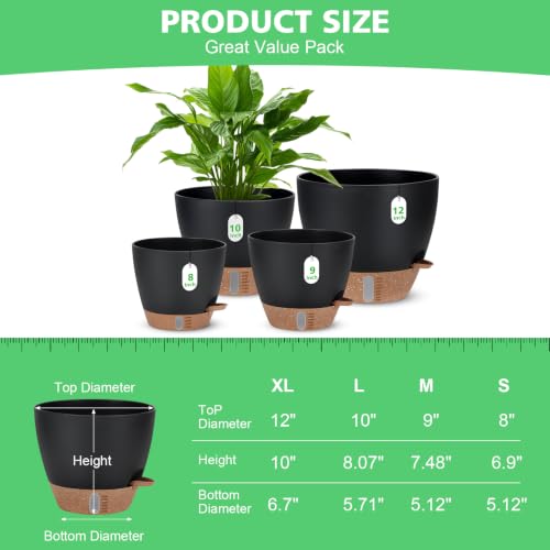 12" 10" 9" 8" Self Watering Pot for Indoor Plants, Large Plastic Planters Set with Water Level Indicator Deep Reservoir Tray, Bottom Watering Big Flower Pots with Mesh Drainage Hole - Black - view 2