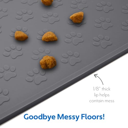 100% Waterproof Dog Food Mat, Raised Edges Silicone Pet Feeding Placemat for Cat, Dogs, Pet Bowls, High Lipped Tray Prevents Water Spills, Food on Floor, Dishwasher Safe, 24x16, Gray - view 2