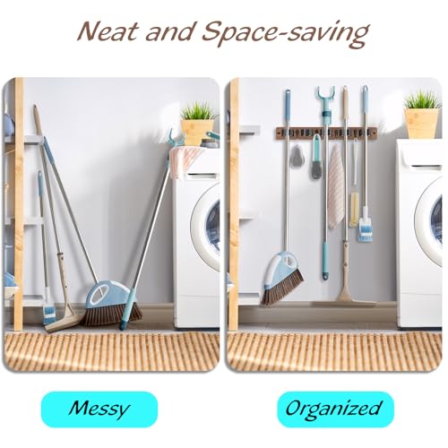 Mop and Broom Holder Wall Mount - Wood Broom Mop Hanger - Wall Mounted Garden Tool Rack Organizer for Closet Garage Laundry Room for Rustic Kitchen Decor With 5 Slots & 4 Hooks - view 4