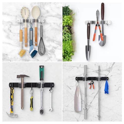2 Racks and 3 Hooks Mop and Broom Holder Wall Mount, Self Adhesive Heavy Duty Broom Organizer Storage Tool Racks for Kitchen Garden Laundry Garage - view 6
