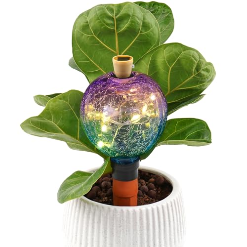 Solar Watering Globe, 17 oz, Purple Blue Crackle Glass with LEDs