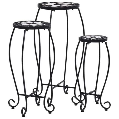 3 Piece Mosaic Table Set, Black and White Ceramic Tile Side Tables with Powder-Coated Iron Frame, Nesting Accent Plant Stands for Garden, Balcony, and Patio
