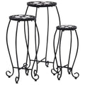 3 Piece Mosaic Table Set, Black and White Ceramic Tile Side Tables with Powder-Coated Iron Frame, Nesting Accent Plant Stands for Garden, Balcony, and Patio