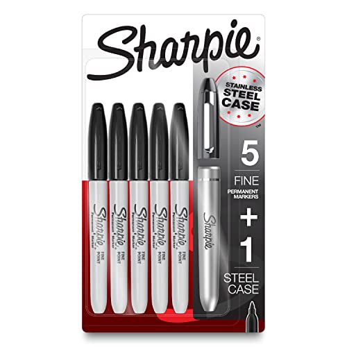 Permanent Markers with Stainless Steel Marker Case Fine Point Black 6 Count