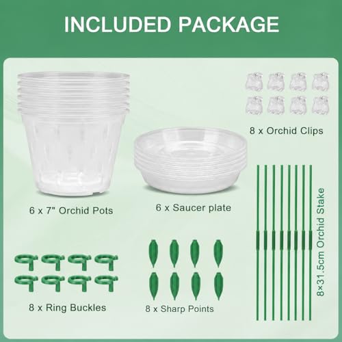 Orchid Pot -6 Pack 7 Inch Orchid Pots with Holes and Saucers, Clear Plastic Plant Pots with 8 Support Stakes and Clips, Orchid Repotting Kit for Indoor Plants (7 Inch) - view 6