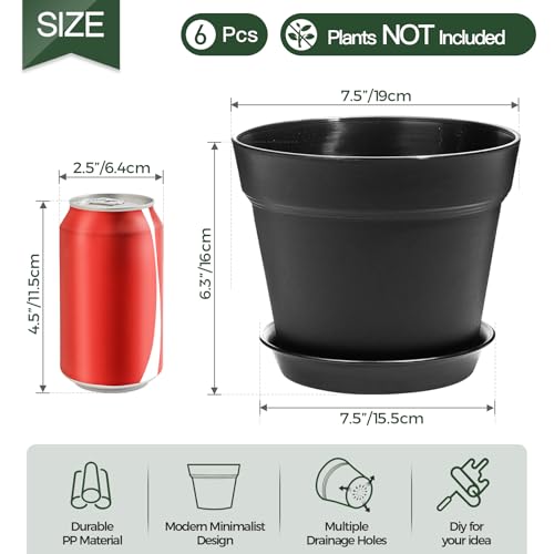 7.5 Inch Plant Pots 6 Pcs, Flower Pots for Indoor Plants Plastic Pots for Plants with Drainage Holes and Saucer, Planters for Indoor Plants for House Cactus Succulent Black - view 2