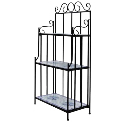 3-Tier Plant Stand, Mosaic Ceramic Tile Rack & Iron Shelf, Blue