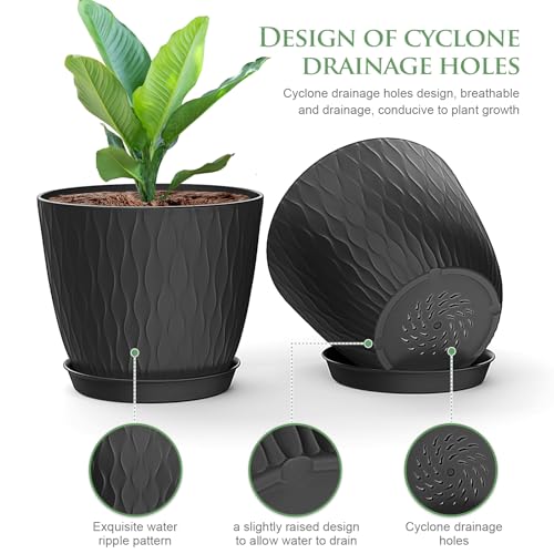 6 inch Plant Pots, 5 Pack Flower Pots with Drainage Holes and Saucers for Indoor Plants, Plastic Planters with Water Ripple for Small Garden House Plants, Nursery Pots for Succulent, Black - view 3