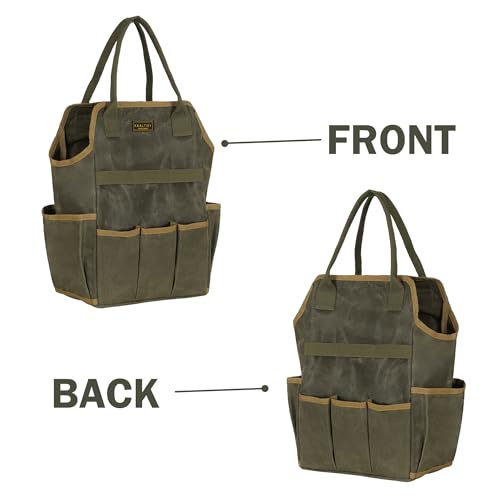 Tool Bag, Heavy Duty 16oz Waxed Canvas Garden Tool Tote - with 3 Inner Slots & 8 Outer Pockets, Multi-Purpose Gardening Tool Storage Bag for Gardener Florist Workshop - Army Green - view 5