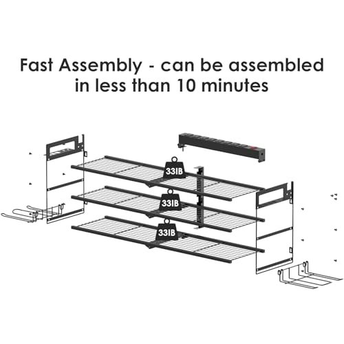 Large Garage Tools Storage with Charging Station. Power Tool Battery Organizer Utility Shelf with Power Strip. 4 Drills Holder Wall Mount Rack, Black 3 Layer. - view 5