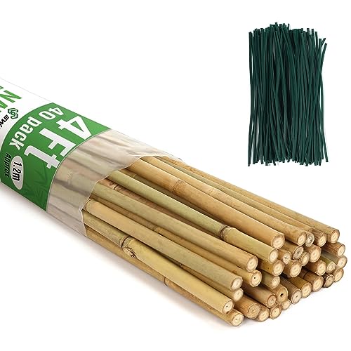 40 Pack 4 Feet Bamboo Stakes for Plant, Bamboo Sticks Plant Support Garden Stakes Poles with 200pcs Twist Ties for Tomatoes, Beans, Flowers, Potted Plants, Indoor and Outdoor Climbing Plants