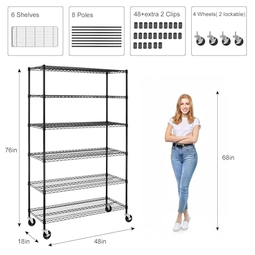 6-Tier Wire Shelving Unit with Wheels, 48x18x72 in, Black - view 6