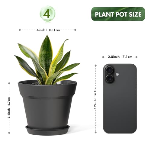 4 Inch Plastic Plant Pots with Drainage Holes and Trays – 8 Pack Small Nursery Pots for Indoor & Outdoor House Plants and Flowers, Seedling Starter Planters, Matte Black - view 3