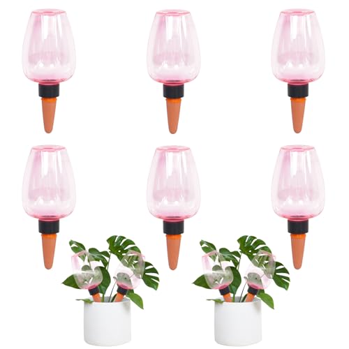 6pcs Plant Self Watering Globes, Plastic Water Bulbs Top Fill, 12.3 oz Plant Watering Devices System Slow Release Terracotta, Water Spikes Stakes for Indoor (Pink-6pack)