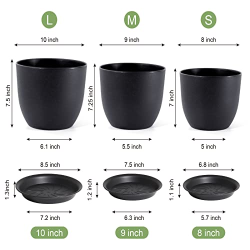 Plant Pots 10/9/8 inch, Set of 3 Modern Decorative Plastic Planters with Drainage Holes and Saucers for House Plants Indoor Flowers Plants, Black - view 2