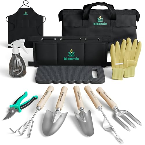 12 Pcs Gardening Tools Set - Heavy Duty Garden Tools Set with Tool Bag, Kneeling Pad, Apron & More Garden Accessories - Stainless Steel Plant Care Kit Supplies, Gardening Gifts for Women Men