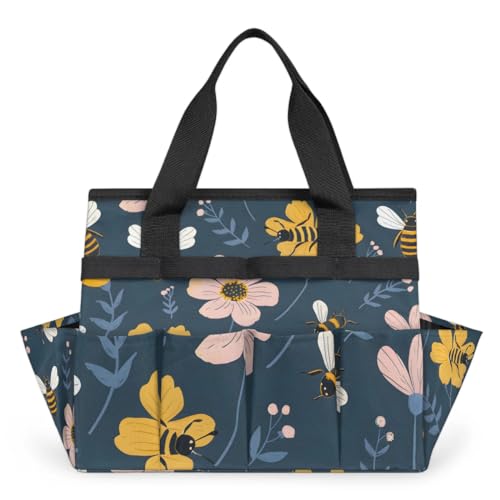 Garden Tote Bag with Pockets Bee Flower Gardening Bags for Tools Organizer Heavy Duty Storage Bag with Handle for Lawn Yard Casual
