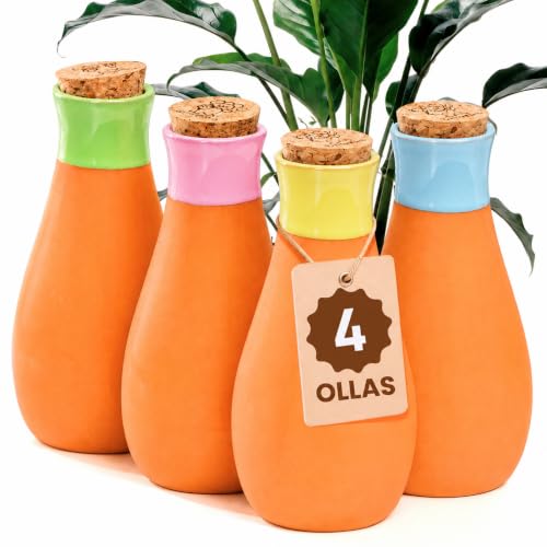 4 Pcs Ollas Terracotta Watering Pots Large - 14 Oz Self Watering Planter Insert Olla Watering System For 1-week Easy To Refill - Clay Plant Watering Globes For Outdoor & Indoor Plants [4 PCS, Bright]