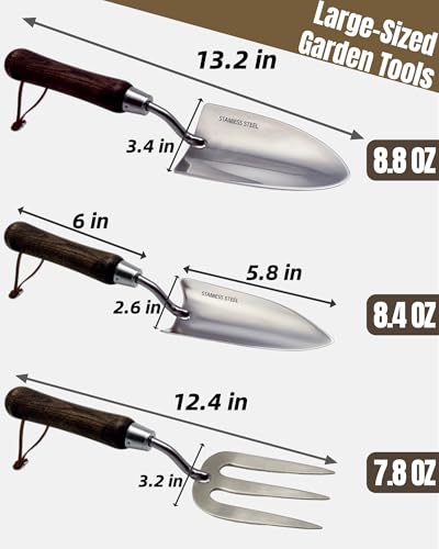 Garden Tool Set, 6PCS Heavy Duty Stainless Steel Gardening Hand Tools with Ropes, Includes Hand Cultivator Shovel Trowel Transplanter 2-in-1 Hoe Pruner, Ideal Gardening Gifts for Women Men (Classic) - view 3