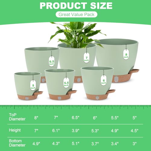 Self Watering Planter Set with Visual Water Level, 6Pack Small Plastic Pot with Drainage Holes and Reservoir Saucers, Modern 8+7+6.5+6+5.5+5 Inch Bottom Watering Flower Pots for Indoor Plant - Green - view 2
