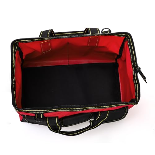16 Inch Wide Mouth Tool Bag, Collapsible Tool Tote with Waterproof Coating and Adjustable Strap, Portable Electrician Tool Organizer Handbag with 5 Outside Pockets, Red - view 5