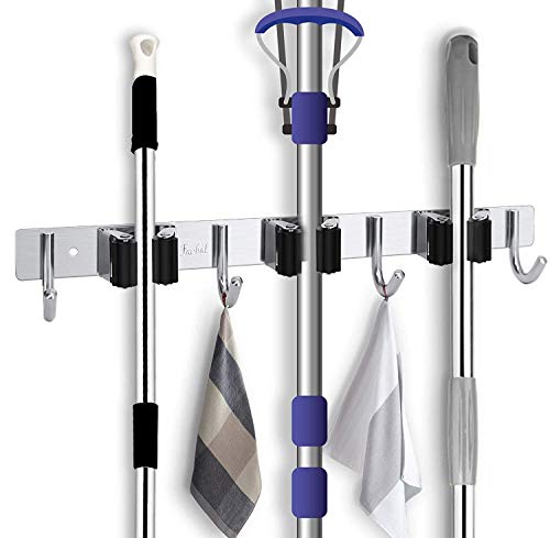 Broom Mop Holder Wall Mount, Garage Organization Tool Organizer Storage Broom Closet Kitchen Organization Heavy Duty Garage Tools Hanger with 3 Racks 4 Hooks for Home Kitchen Garden Laundry Room