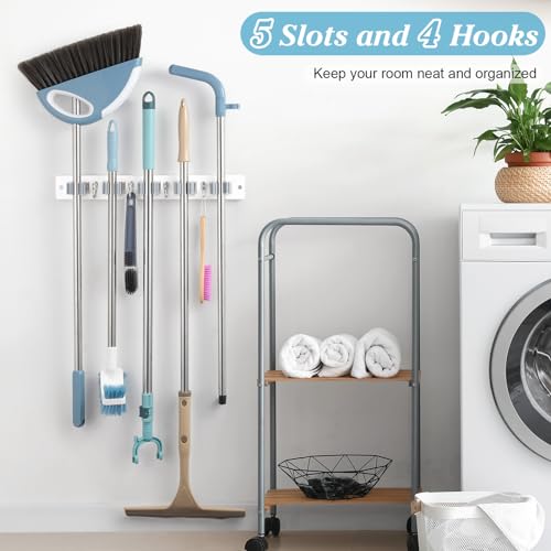 White Broom Holder Wall Mount - Heavy Duty Wood Mop and Broom Organizer with 5 Slots & 4 Hooks - Garden Tool Hanger for Laundry Room Closet Kitchen Garage Storage and Organization - Modern Home Decor - view 2