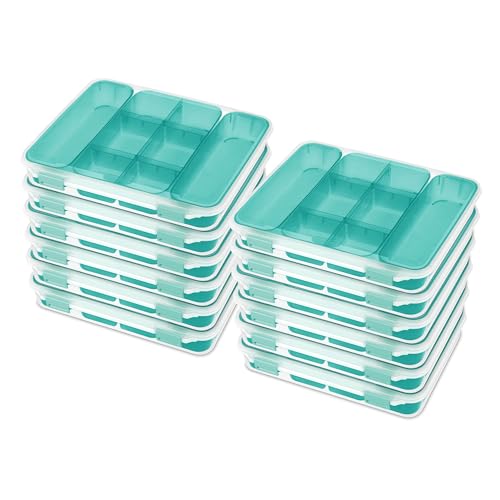 Divided Case, 12-Pack – Stackable Clear Plastic Storage Containers with Green Trays and Latching Lids, Ideal for Organizing Crafts, Beads, Small Tools, and Hardware