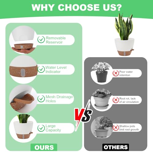 Self Watering Planter Set with Visual Water Level, 6Pack Small Plastic Pot with Drainage Holes and Reservoir Saucers, Modern 8+7+6.5+6+5.5+5 Inch Bottom Watering Flower Pots for Indoor Plant - Green - view 3