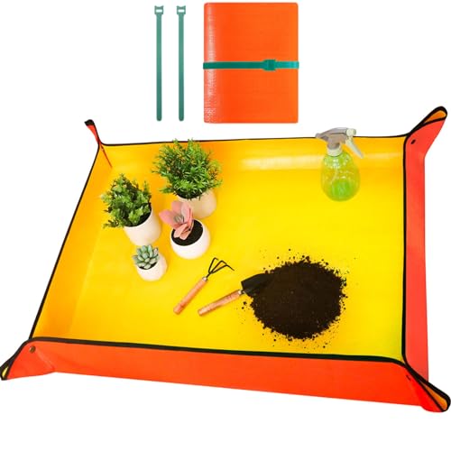 39.5" x 31.5" Large Repotting Mat for Indoor Plants Transplanting and Potting Soil Mess Control, Waterproof Portable Succulent Plant Repotting Tray Gardening Gifts for Women, Orange