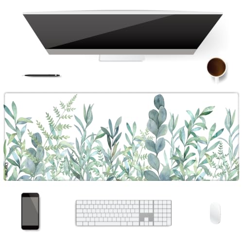 XXL Waterproof Office Desk Pad Protector 31.5x11.8 Inch - Extended Gaming Mouse Pad with Non-Slip Rubber Base, Thickened Keyboard Mat, Stitched Edges & Green Plants Design
