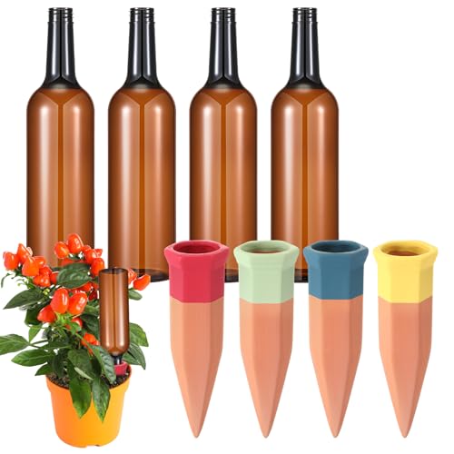 8 Pcs 4 Set Plant Watering Devices, Terracotta Watering Spikes with 25 oz Plastic Wine Bottles, Slow Release Vacation Insert Automatic Plant Waterer Devices for Indoor Outdoor