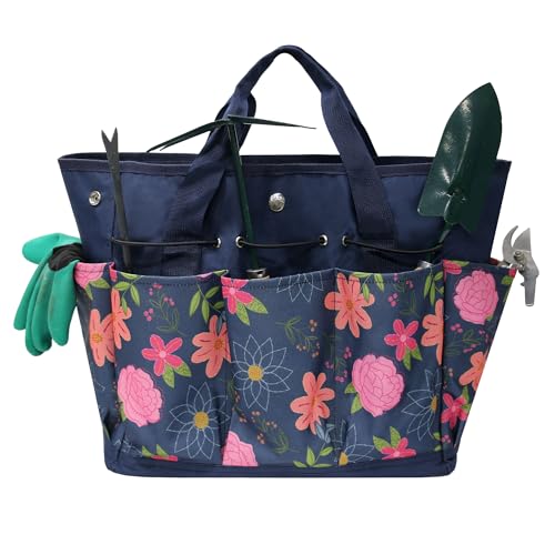Waterproof Garden Tool Bag, 600D Oxford Portable Gardening Tote with Handle & Multi Pockets, Ideal Gifts for Parents Women (Blue, Tools Not Included)