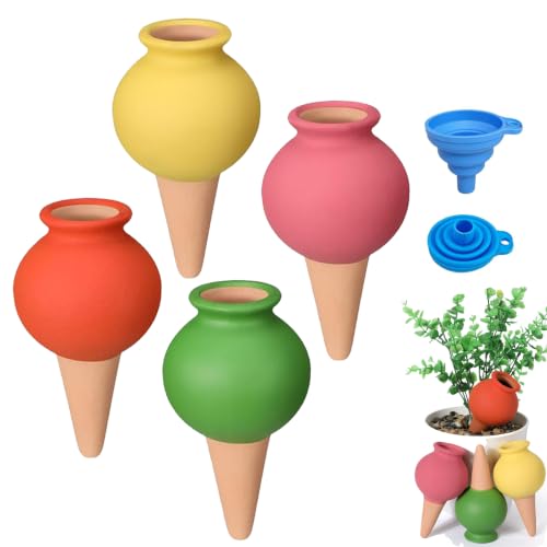 4 Pack Terracotta Self Watering Globes, Self Plant Waterer, Watering Spikes, Cute Colorful Ball, Aqua Bulbs for Indoor, Automatic Plant Watering Devices, & Silicone Fold Funnel