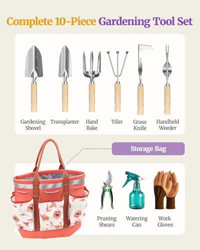 10Pcs Garden Tool Set, Rust-Proof Stainless Steel, Ash Wood Handles, Pink - view 2