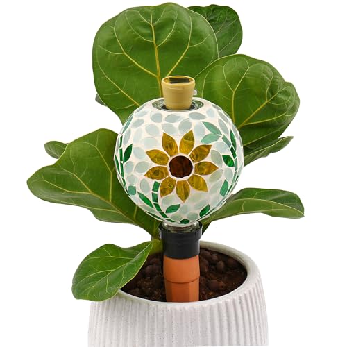 Mosaic Plant Watering Globe with Terracotta Spike,Self-Watering Irrigation for Potted Plants,Sunflower-Inspired Mosaic with Solar Accent Light, Indoor & Outdoor Décor, 17oz