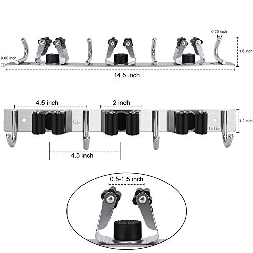 Broom Hanger Wall Mounted, 2PCS Mop and Broom Holder Wall Mount Garage Organization and Storage Stainless Steel Kitchen Tool Organizer Wall Hanger for Laundry Room Garden Garage Closet Kitchen - view 4