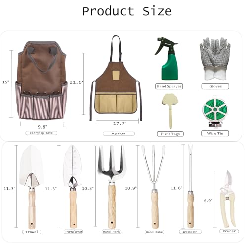 Garden Tool Set, 12 Pieces Heavy Duty Gardening Hand Tools with Garden Tools Organizer Handbag, Apron, Rust-Proof Stainless Steel Gardening Kit, Wood Handle, Ideal Garden Gifts for Women Men - view 3