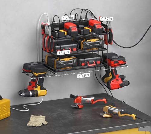 Garage Tools Storage with Charging Station. Power Tool Battery Organizer Utility Shelf with Power Strip. 4 Drills Holder Wall Mount Rack, Black 3 Layer. - view 6