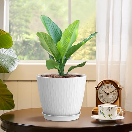 6 inch Flower Pots, 5 Pack Plant Pots with Drainage Holes and Saucers for Indoor Plants, Plastic Planters with Water Ripple for Small Garden House Plants, Nursery Pots for Succulent, White - view 5
