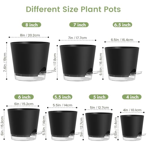 Self Watering Pots Set of 7 – Assorted Size 4" to 8" Indoor Plant Pots with Drainage Holes and Clear Reservoir for Visible Water Level, Plastic Wicking Planter for House Plants & Flower, Black - view 2