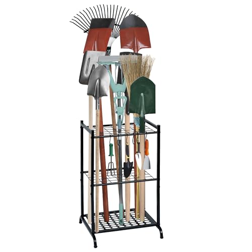 Garden Tool Organizer with Storage Hooks, Yard Tool Tower Rack for Garage Organization and Storage, Up to 35 Long-Handled Tools, Metal Tool Holder with 6 Hooks, Black